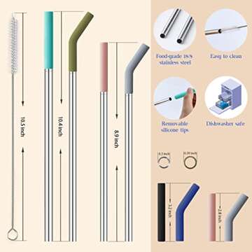 12-Pcs Reusable Metal Straws with Silicone Tips, Stainless Steel Drinking Straws with 3 Cleaning Brushes & 1 Portable Bag- Perfect for 30 oz and 20 oz Tumblers