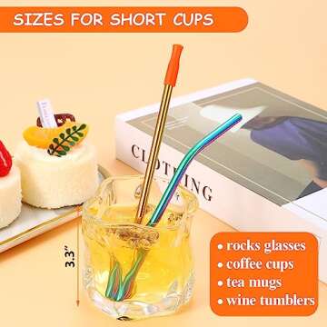 Lazycorner 16 Short Metal Straws, 6mm 5.5" 6.5" Kids Reusable Straws+Silicone Tips+Cleaner, Mini Sma...