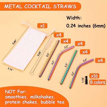 Lazycorner 16 Short Metal Straws, 6mm 5.5" 6.5" Kids Reusable Straws+Silicone Tips+Cleaner, Mini Small Stainless Steel Straws Fit 8 10 12 oz Tumbler/Wine Tumblers, Reusable Cocktail Straws(Rainbow)