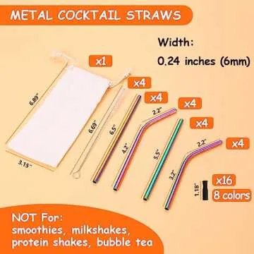 Lazycorner 16 Short Metal Straws, 6mm 5.5" 6.5" Kids Reusable Straws+Silicone Tips+Cleaner, Mini Small Stainless Steel Straws Fit 8 10 12 oz Tumbler/Wine Tumblers, Reusable Cocktail Straws(Rainbow)