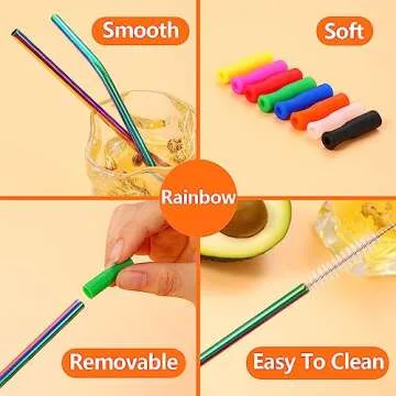 Lazycorner 16 Short Metal Straws, 6mm 5.5" 6.5" Kids Reusable Straws+Silicone Tips+Cleaner, Mini Small Stainless Steel Straws Fit 8 10 12 oz Tumbler/Wine Tumblers, Reusable Cocktail Straws(Rainbow)