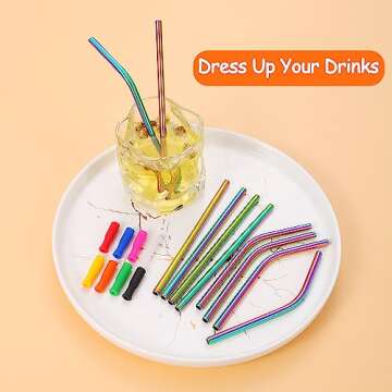 Lazycorner 16 Short Metal Straws, 6mm 5.5" 6.5" Kids Reusable Straws+Silicone Tips+Cleaner, Mini Small Stainless Steel Straws Fit 8 10 12 oz Tumbler/Wine Tumblers, Reusable Cocktail Straws(Rainbow)