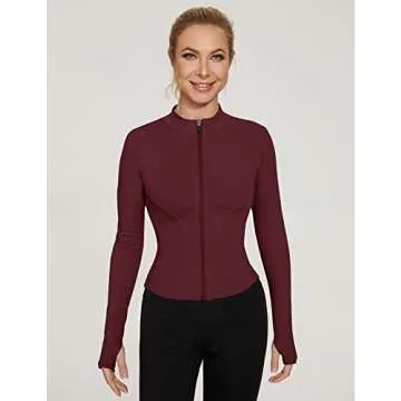 LUYAA Long Sleeve Workout Tops Zip Up Athletic Crop Bodycon Jacket for Running Track for Women Wine Red S
