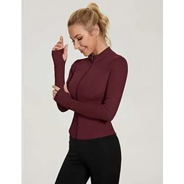 LUYAA Long Sleeve Workout Tops Zip Up Athletic Crop Bodycon Jacket for Running Track for Women Wine Red S