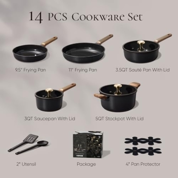 Superior CAROTE Ceramic Cookware Set Nonstick 14-piece Set, Non-toxic & Dishwasher Safe