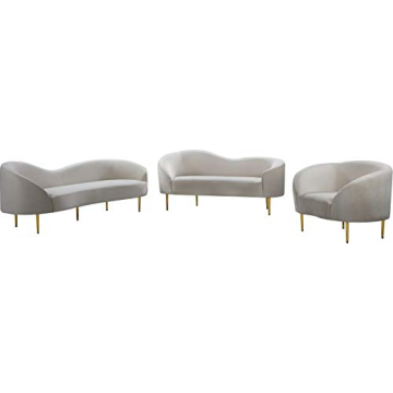 Meridian Furniture Ritz Collection Modern | Contemporary Velvet Upholstered Chair with Sturdy Metal Legs in Rich Gold Finish, Cream, 43.5" W x 31.75" D x 30.5" H