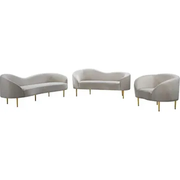 Meridian Furniture Ritz Collection Modern | Contemporary Velvet Upholstered Chair with Sturdy Metal Legs in Rich Gold Finish, Cream, 43.5" W x 31.75" D x 30.5" H
