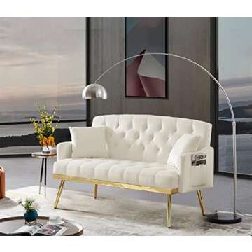 Antetek Upholstered Velvet Loveseat Sofa, Modern Small Sofa Couch with Side Pocket and Golden Metal Legs, Tufted Leisure Sofa for Living Room, Bedroom, Office, Small Space, Light Beige