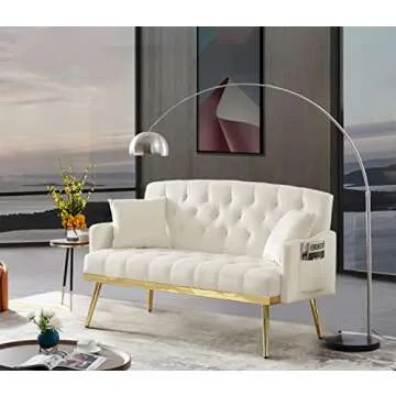 Antetek Upholstered Velvet Loveseat Sofa, Modern Small Sofa Couch with Side Pocket and Golden Metal Legs, Tufted Leisure Sofa for Living Room, Bedroom, Office, Small Space, Light Beige