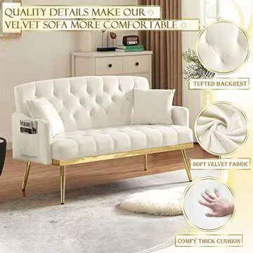 Antetek Upholstered Velvet Loveseat Sofa, Modern Small Sofa Couch with Side Pocket and Golden Metal Legs, Tufted Leisure Sofa for Living Room, Bedroom, Office, Small Space, Light Beige