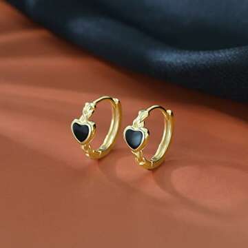 SLUYNZ 925 Sterling Silver Black Heart Hoop Earrings for Women Teen Girls Heart Huggie Earrings Hoop (B-18K Gold Plated)