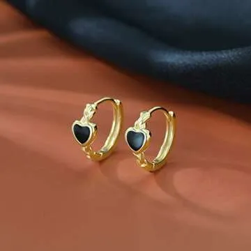SLUYNZ 925 Sterling Silver Black Heart Hoop Earrings for Women Teen Girls Heart Huggie Earrings Hoop (B-18K Gold Plated)