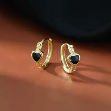 SLUYNZ 925 Sterling Silver Black Heart Hoop Earrings for Women Teen Girls Heart Huggie Earrings Hoop (B-18K Gold Plated)
