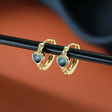 SLUYNZ 925 Sterling Silver Black Heart Hoop Earrings for Women Teen Girls Heart Huggie Earrings Hoop (B-18K Gold Plated)