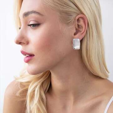 COARVXA 925 Sterling Silver Chunky Gold Rectangle Stud Earrings for Women| Dainty Thick Stud Earring...