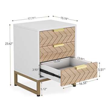 Tribesigns Nightstand Set of 2, Modern 3 Drawers Bedside Table with Unique Zig Zag Design, White Gol...