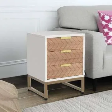 Tribesigns Nightstand Set of 2, Modern 3 Drawers Bedside Table with Unique Zig Zag Design, White Gold Side End Table Set of 2 for Bedroom