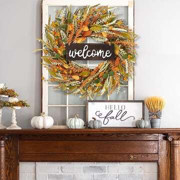 Sggvecsy Fall Wreath 19'' Grain Wreath Harvest Gold Wheat Ears Circle Garland Autumn Front Door Wreath for Christmas Front Door Outside Indoor Wall Wedding Window Thanksgiving & Fall & Autumn Decor