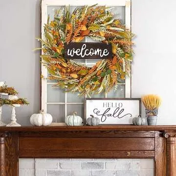 Sggvecsy Fall Wreath 19'' Grain Wreath Harvest Gold Wheat Ears Circle Garland Autumn Front Door Wreath for Christmas Front Door Outside Indoor Wall Wedding Window Thanksgiving & Fall & Autumn Decor