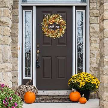 Sggvecsy Fall Wreath 19'' Grain Wreath Harvest Gold Wheat Ears Circle Garland Autumn Front Door Wreath for Christmas Front Door Outside Indoor Wall Wedding Window Thanksgiving & Fall & Autumn Decor