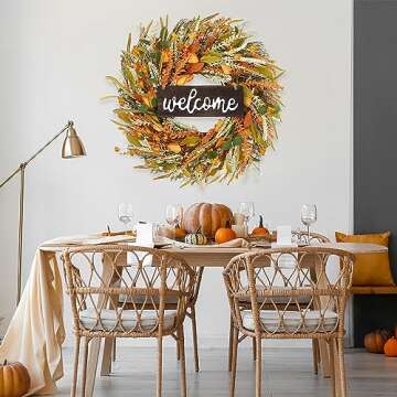 Sggvecsy Fall Wreath 19'' Grain Wreath Harvest Gold Wheat Ears Circle Garland Autumn Front Door Wreath for Christmas Front Door Outside Indoor Wall Wedding Window Thanksgiving & Fall & Autumn Decor