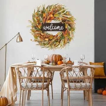 Sggvecsy Fall Wreath 19'' Grain Wreath Harvest Gold Wheat Ears Circle Garland Autumn Front Door Wreath for Christmas Front Door Outside Indoor Wall Wedding Window Thanksgiving & Fall & Autumn Decor
