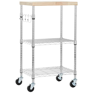 Amazon Basics Portable Kitchen Storage Rack on Caster Wheels with Adjustable Shelves, 175 Pound Capacity, 21 x 15 x 36.7 inches (LxWxH), Wood/Chrome