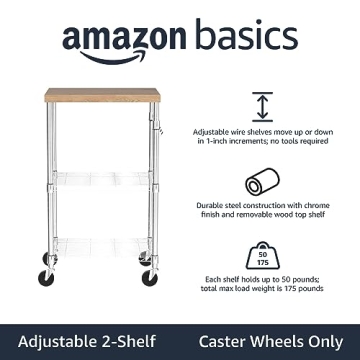 Amazon Basics Portable Kitchen Storage Rack on Caster Wheels with Adjustable Shelves, 175 Pound Capacity, 21 x 15 x 36.7 inches (LxWxH), Wood/Chrome