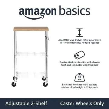 Amazon Basics Portable Kitchen Storage Rack on Caster Wheels with Adjustable Shelves, 175 Pound Capacity, 21 x 15 x 36.7 inches (LxWxH), Wood/Chrome