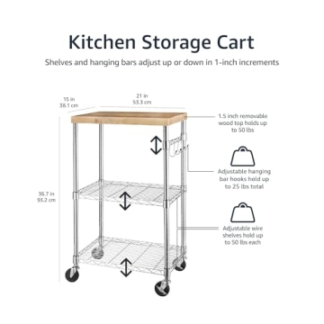 Amazon Basics Portable Kitchen Storage Rack on Caster Wheels with Adjustable Shelves, 175 Pound Capacity, 21 x 15 x 36.7 inches (LxWxH), Wood/Chrome