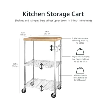 Amazon Basics Portable Kitchen Storage Rack on Caster Wheels with Adjustable Shelves, 175 Pound Capacity, 21 x 15 x 36.7 inches (LxWxH), Wood/Chrome