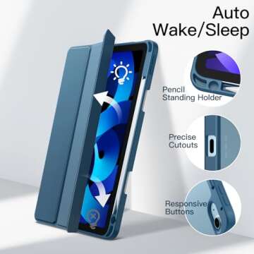 JETech Case for iPad Air 11-Inch M2 (2024), iPad Air 5/4 (2022/2020 5th/4th 10.9-Inch) with Pencil Holder, Clear Transparent Back Slim Stand Shockproof Tablet Cover, Auto Wake/Sleep (Blue)