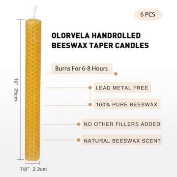Olorvela 6 Pack Natural Handmade Beeswax Taper Candles, 10 Inch Dripless Taper Candle, 100% Natural ...