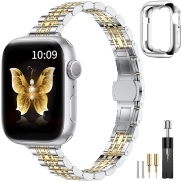 CTYBB Metal Slim Band with Case for Women, Stainless Steel Chain for Apple Watch