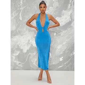 Floerns Women's Halter Neck Sleeveless Split Thigh Party Bodycon Long Dress Blue L