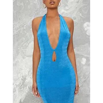Floerns Women's Halter Neck Sleeveless Split Thigh Party Bodycon Long Dress Blue L