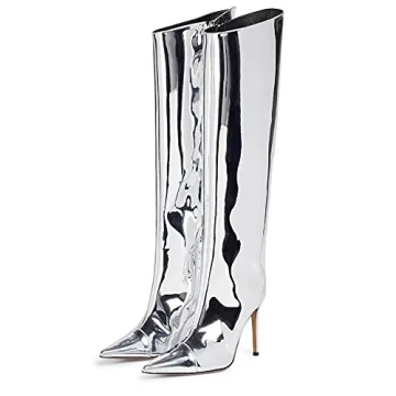 Arqa Women's Metallic Knee High Boots Stiletto High Heels Wide Calf Boot with Zipper Pointed Toe Dre...