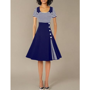 Women's Vintage Navy Stripes Sailor Dress A Line Style