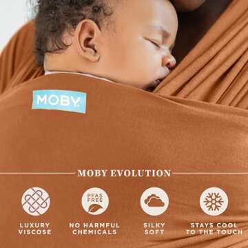 Moby Baby Wrap Carrier Evolution for Newborns to Toddlers (8-33lbs), Infant Sling Carrier, Lightweight & Hands Free Design, Adjustable for All Body Types, Baby Registry Gift (Caramel)