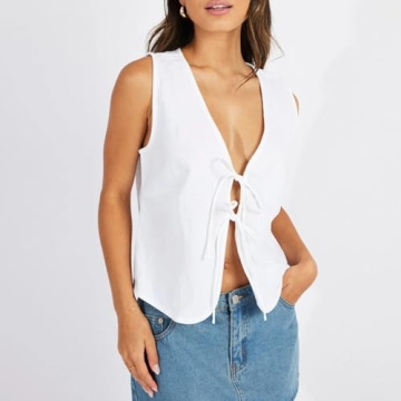 Tsultryofs Women's Vintage Bow Tie Vest Y2K Summer Streetwear
