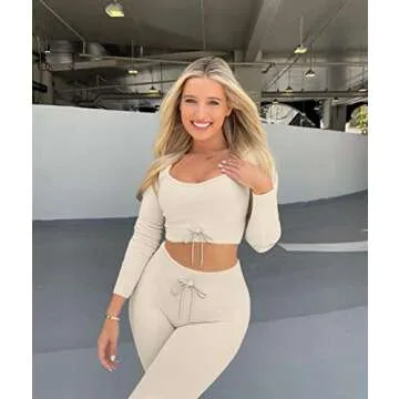 Stylishine Workout For Women 2 Piece Sets Ribbed Outfits Long Sleeve Crop Tops High Waist Leggings Yoga Casual Suit Beige