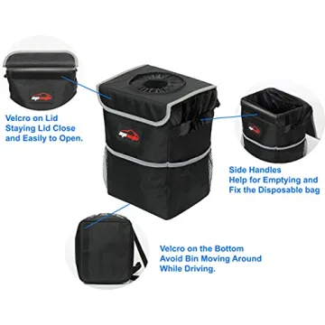 EPAuto Waterproof Car Trash Can with Lid and Storage Pockets, Black