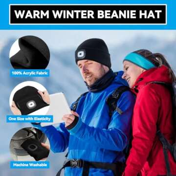 FFIPBGE Valentine's Day Gifts for Him, Beanie Hats with Light, USB Rechargeable LED Hand Free Headlamp, Perfect Winter Gifts for Men, Women, and Teens, Ideal for Camping, Hiking, 2 Pack, Black