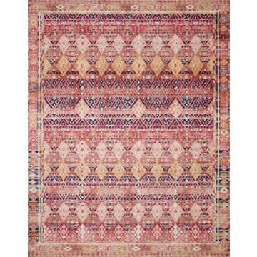 Loloi Layla Collection, LAY-15 Magenta/Multi 7'-6" x 9'-6" .13" Thick, Area Rug, Soft, Durable, Vintage Inspired, Distressed, Low Pile, Non-Shedding, Easy Clean, Printed, Living Room Rug