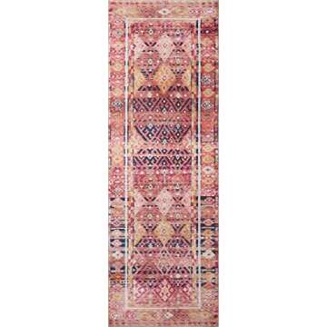 Loloi Layla Collection, LAY-15 Magenta/Multi 7'-6" x 9'-6" .13" Thick, Area Rug, Soft, Durable, Vintage Inspired, Distressed, Low Pile, Non-Shedding, Easy Clean, Printed, Living Room Rug