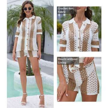 KANSOON Two Piece Summer Sets for Women Crochet Shorts Set Tracksuits Hollow Out Sexy Outfits Khaki ...