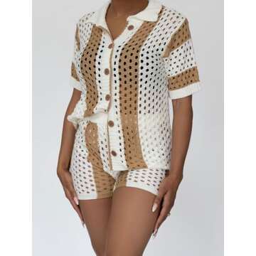 KANSOON Two Piece Summer Sets for Women Crochet Shorts Set Tracksuits Hollow Out Sexy Outfits Khaki XXL