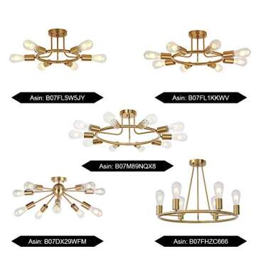 BONLICHT 6 Lights Semi Flush Mount Ceiling Light Brushed Brass Mid Century Modern Chandelier Lighting Gold Sputnik Ceiling Light Fixture for Dining Room Bed Room Kitchen Island Foyer Hallway
