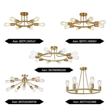 BONLICHT 6 Lights Semi Flush Mount Ceiling Light Brushed Brass Mid Century Modern Chandelier Lighting Gold Sputnik Ceiling Light Fixture for Dining Room Bed Room Kitchen Island Foyer Hallway