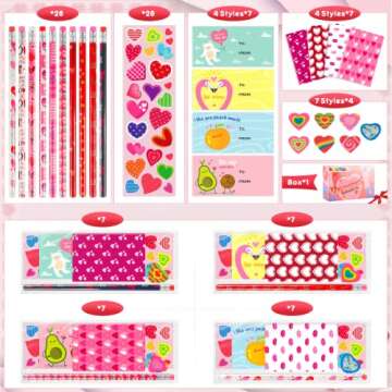 KMUYSL Valentines Day Gifts for Kids, 168Pcs Classroom Valentines Stationery Set with Valentines Cards Goodie Bags Pencil Eraser Notepad Sticker for Valentine Kids Exchange Gift and School Rewards